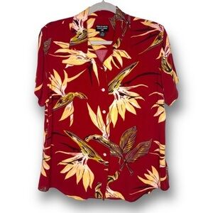 Vintage Polo Jeans Ralph Lauren XL Red Yellow Floral Hawaiian Button Up Shirt